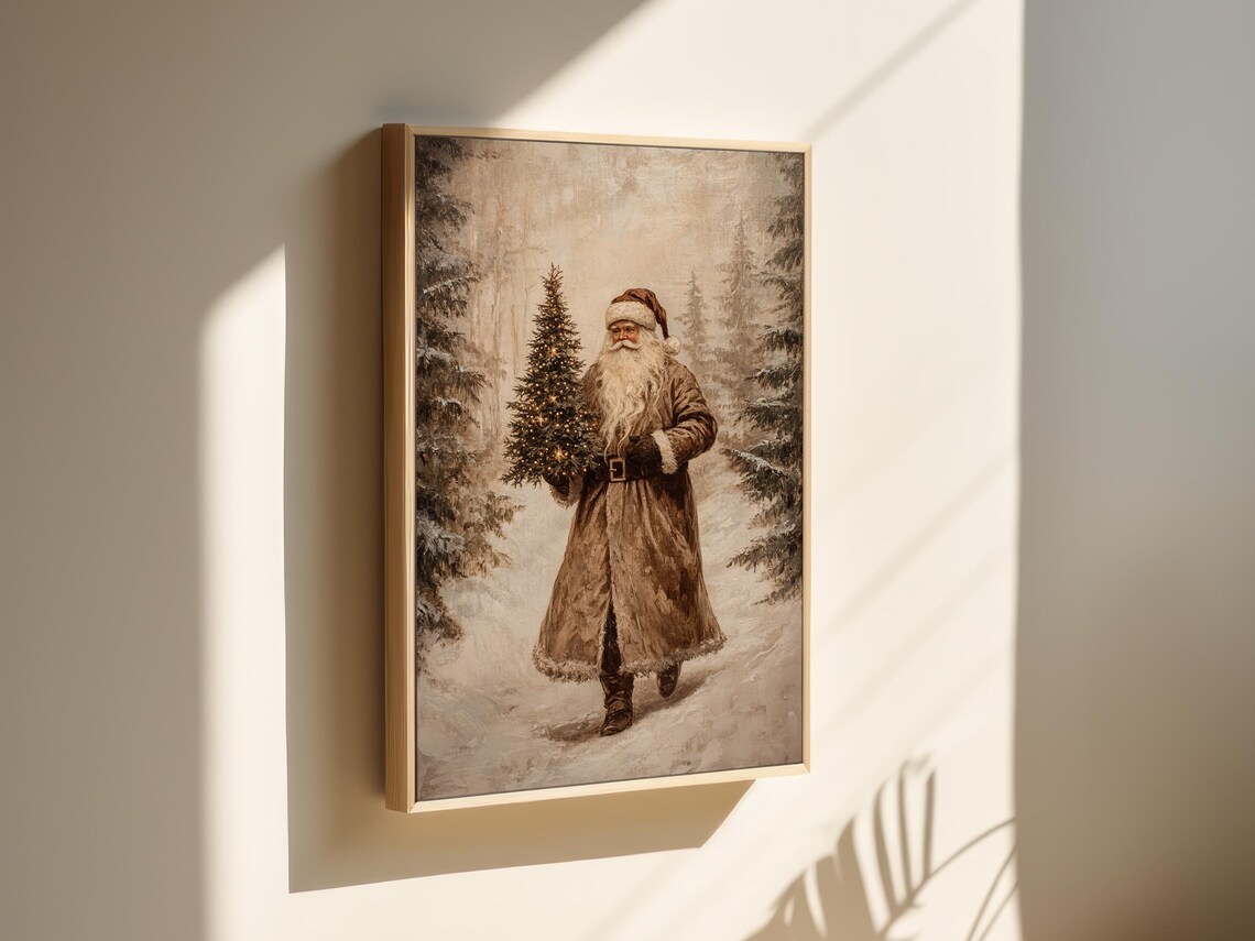 Vintage Santa Claus Snowy Forest Tree Farmhouse Christmas Poster - Image 4