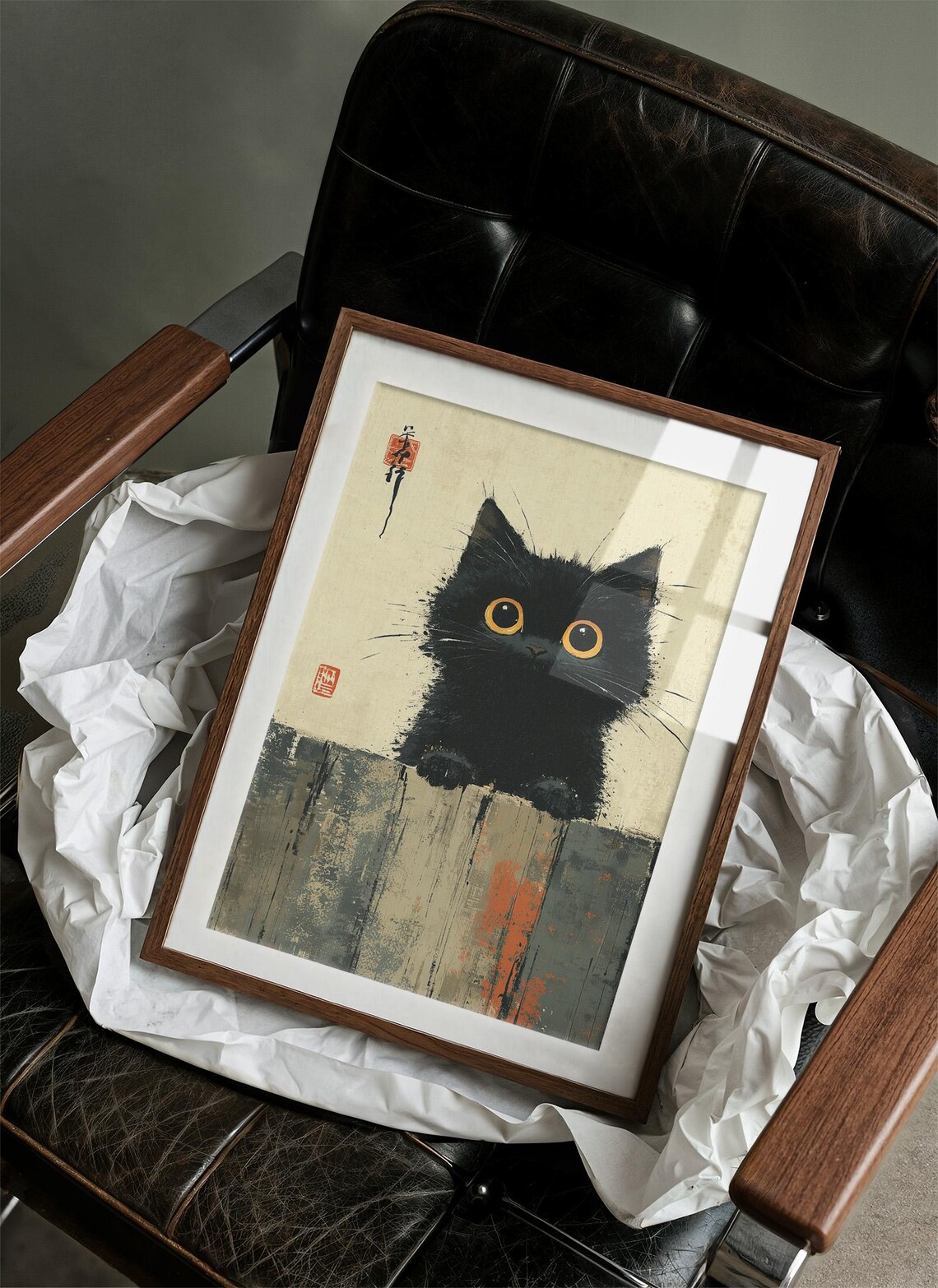 Cute Black Cat With Big Amber Eyes Japanese Ink Style Art Poster