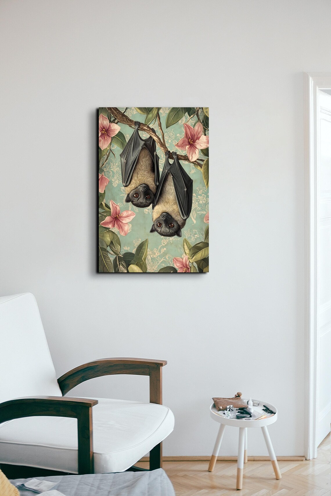 Two Bats Hanging On A Flowering Branch Vintage Botanical Illustration Poster - Image 3