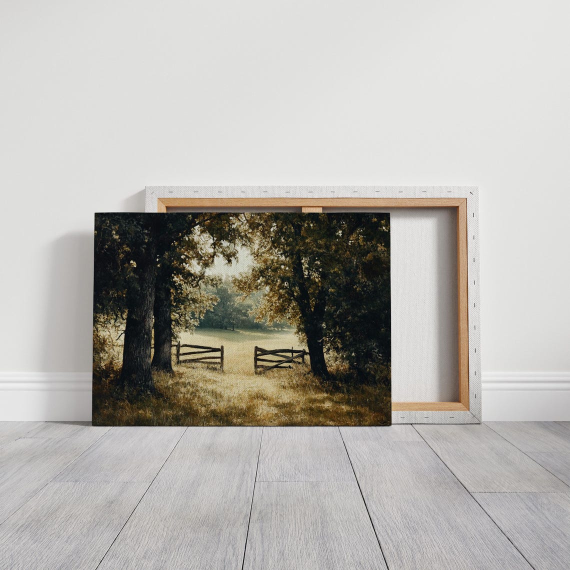 Sunlit Meadow with Rustic Wooden Fence Gate Landscape Painting Poster - Image 5