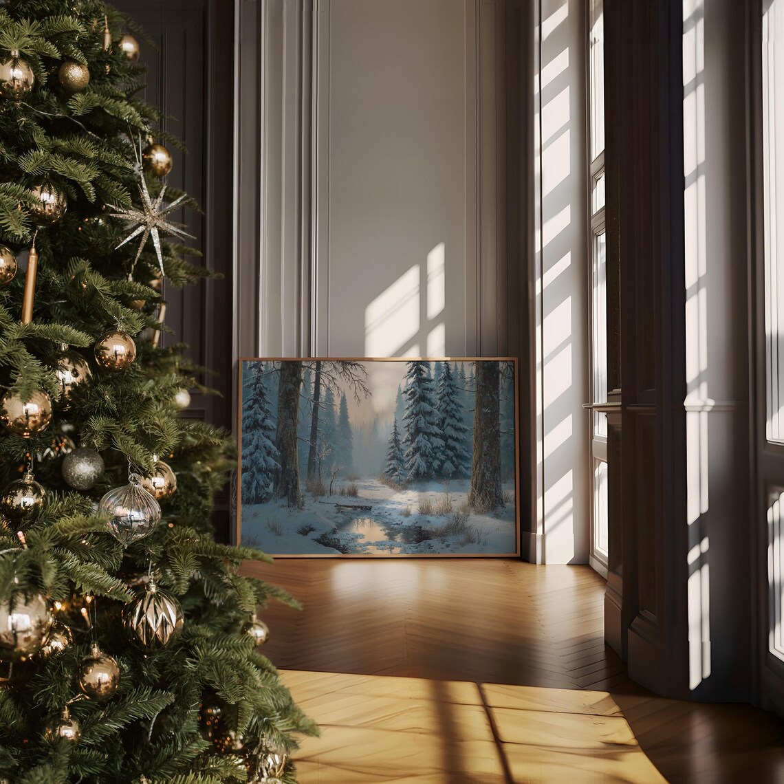 Snowy Forest Creek Winter Landscape Misty Woodland Painting Poster
