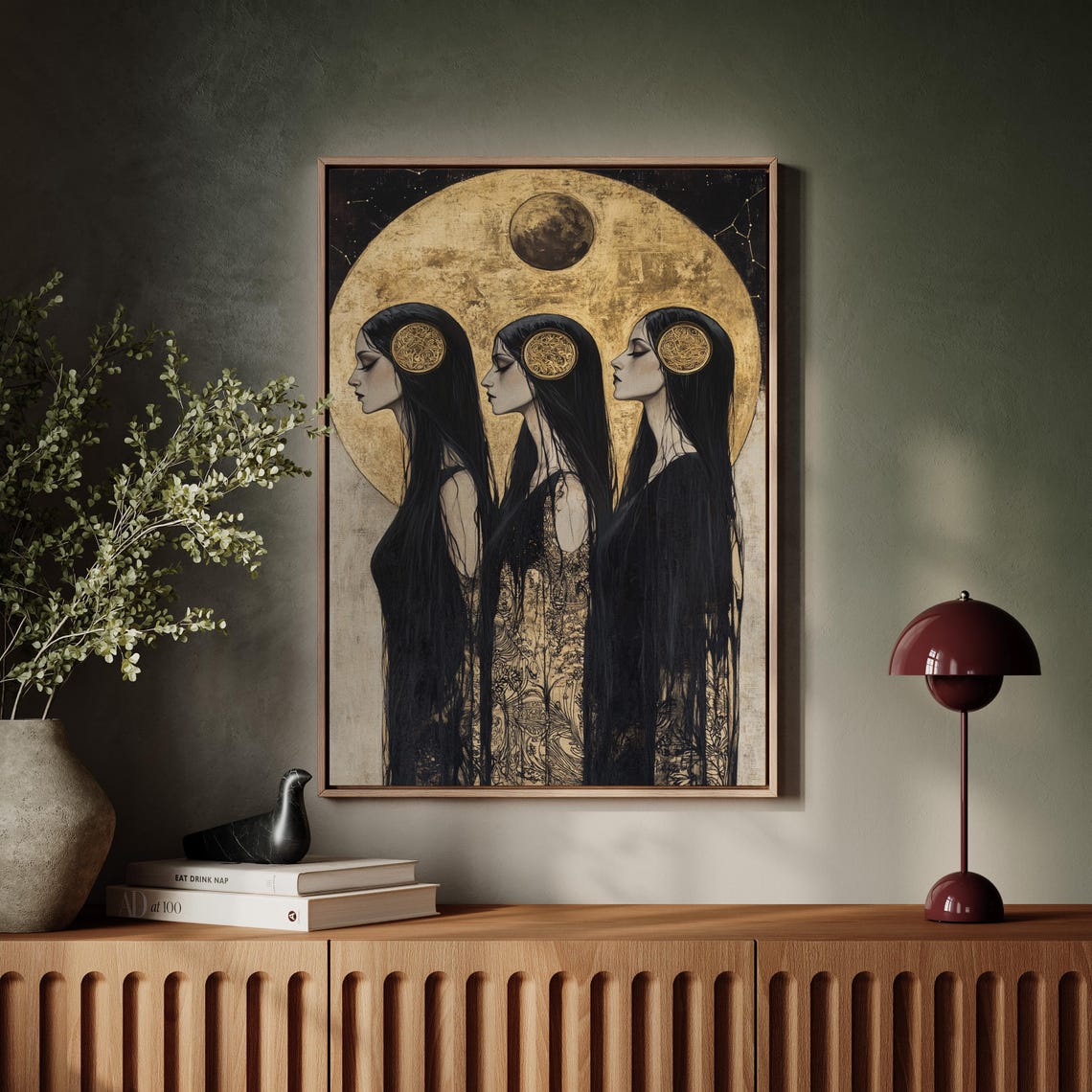 Triple Goddess Canvas Art Moon Phase Witch Decor Dark Feminine Divine Wall Print Gold And Black Hair Mystical Illustration
