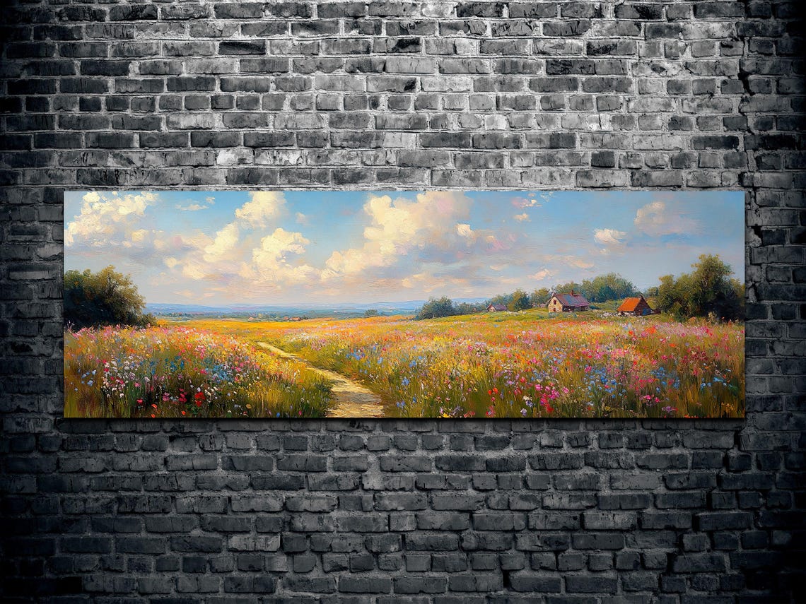 Wildflower Meadow Path to Distant Barn Summer Day Panoramic Poster - Image 2