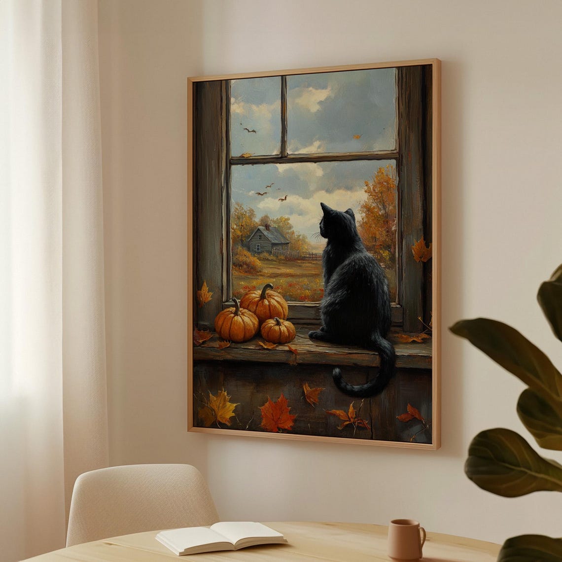 Autumn Black Cat and Pumpkins Rustic Window Scene Fall Poster - Image 3