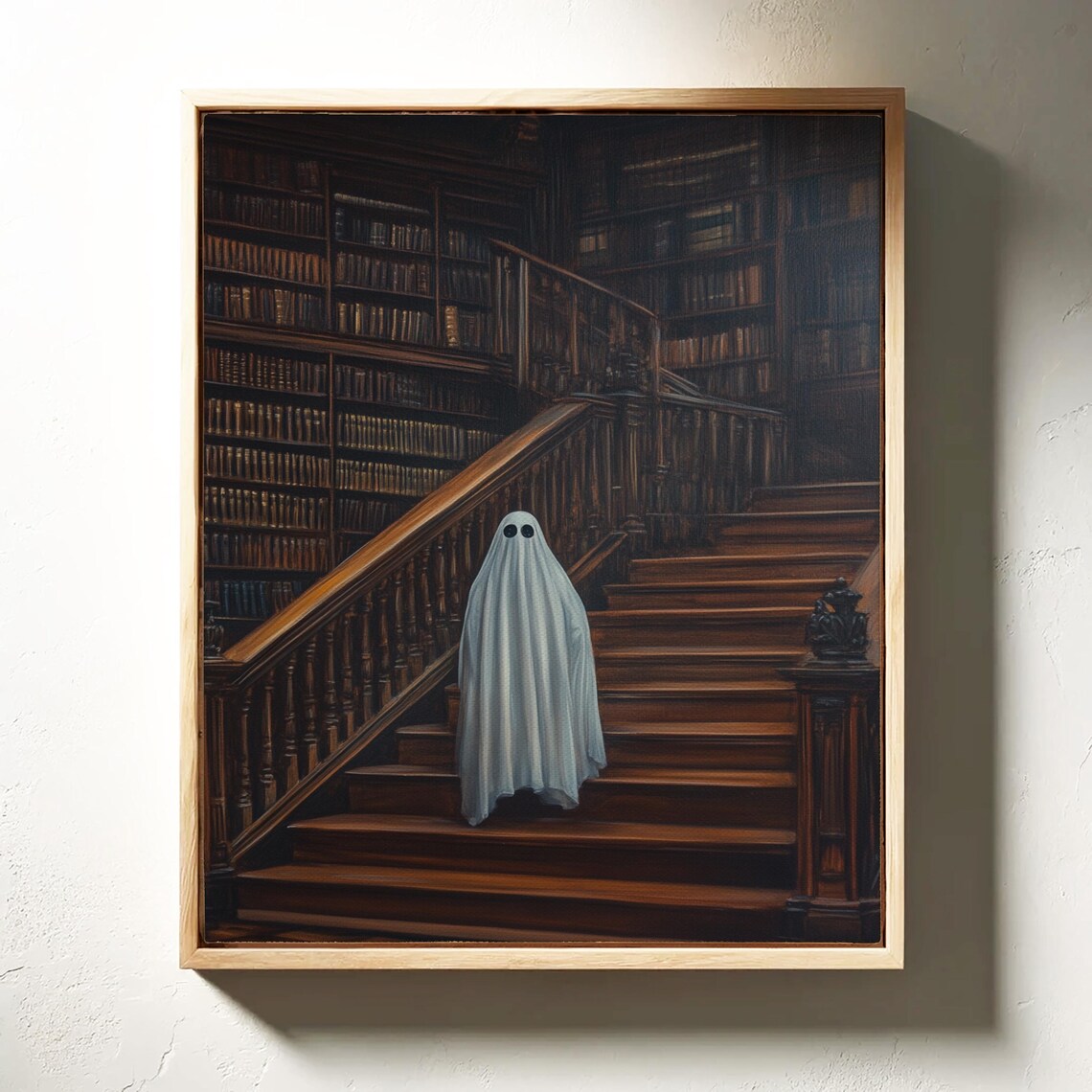Vintage Haunted Library Ghost On Staircase Art Print - Image 7