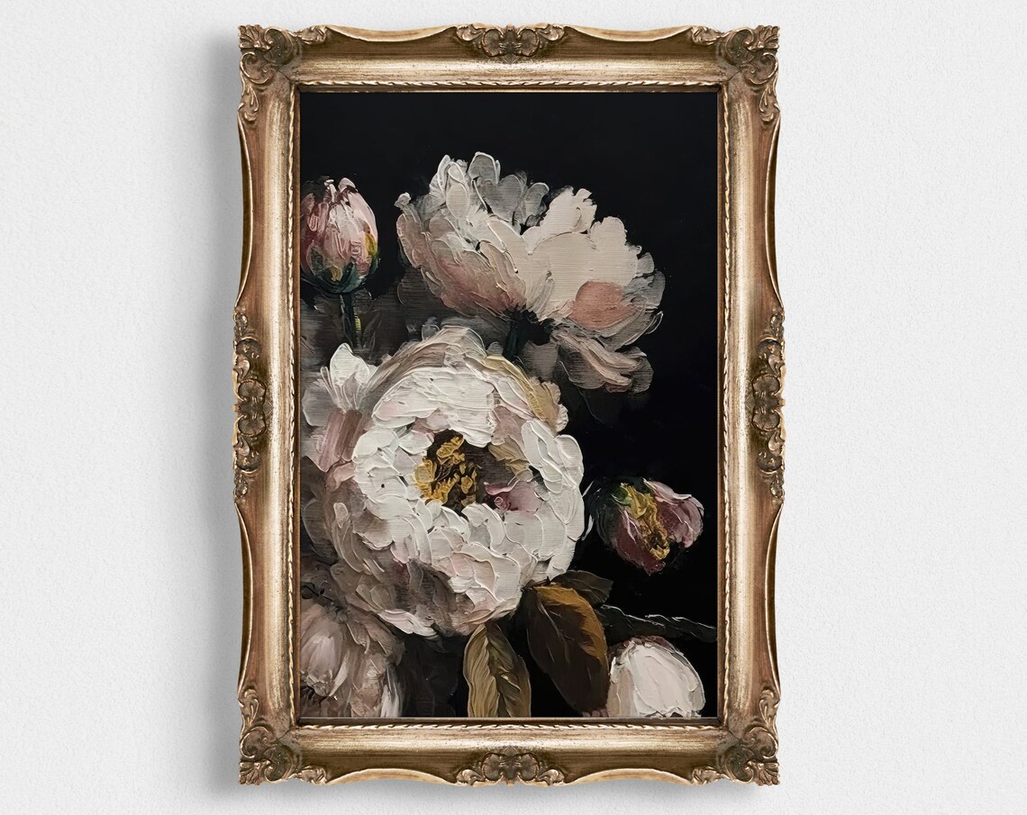 White Peony Blooms On Black Impasto Oil Painting Drama Art Poster
