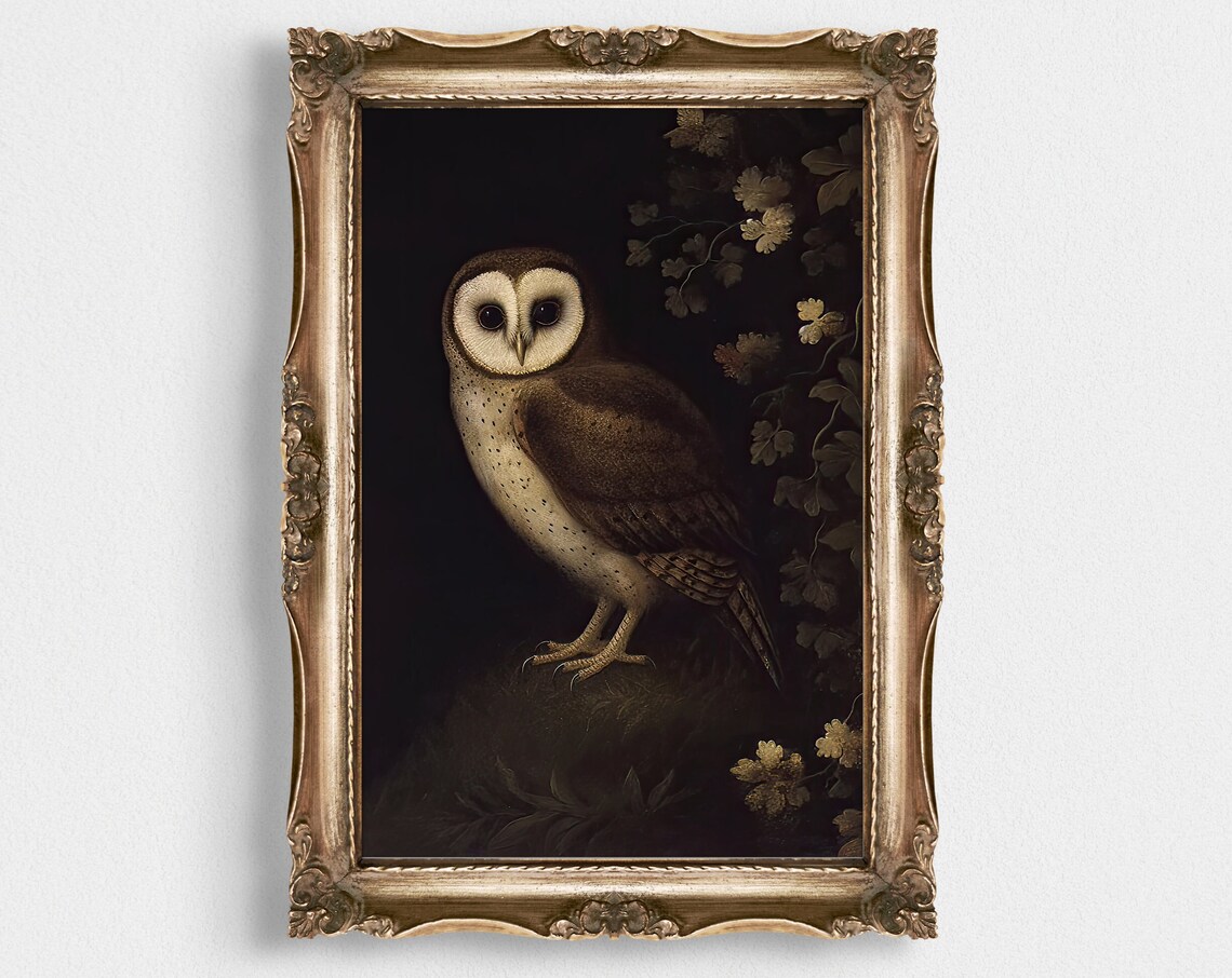 Barn Owl Perched In Dark Woods Vintage Moody Wildlife Painting Poster