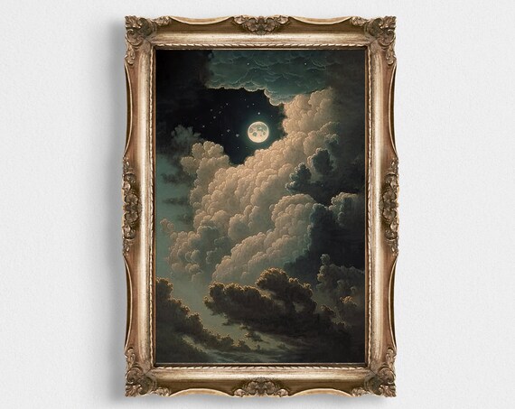 Full Moon Behind Storm Clouds Dramatic Vintage Night Sky Art Poster