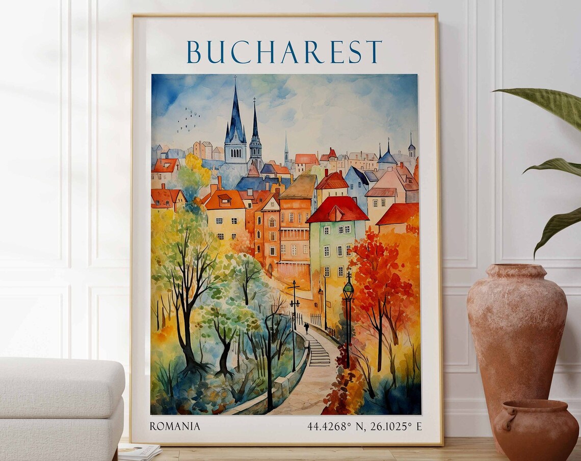 Bucharest Romania Travel Poster Autumn Church Spires Watercolor