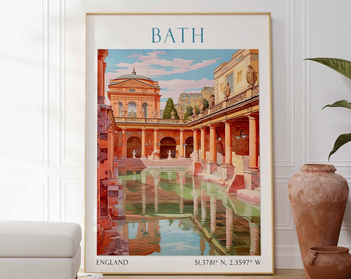 Bath England Roman Baths Courtyard with Great Bath Pool Travel Poster