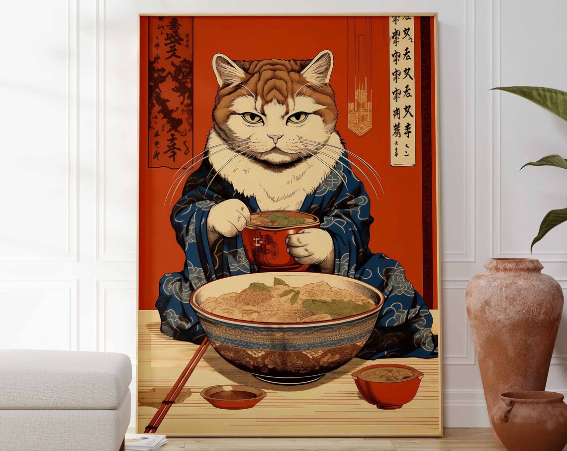 Vintage Japanese Cat Ramen Bowl Ukiyo-E Art Gift Kitchen Print