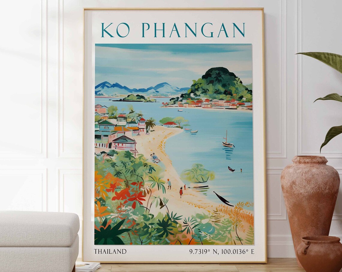 Ko Phangan Sandy Beach Village With Boats Thailand Travel Poster