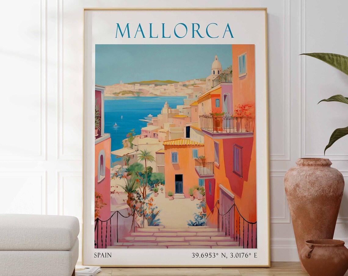 Mallorca Spain Travel Poster Mediterranean Harbor Town View Art