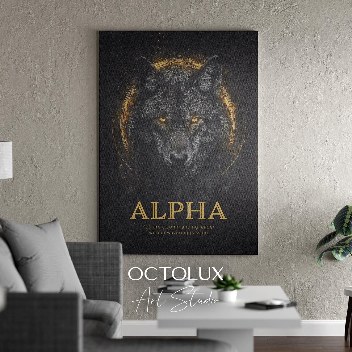Alpha Black Wolf Gold Halo Motivational Quote Strength Leader Wall Art Print