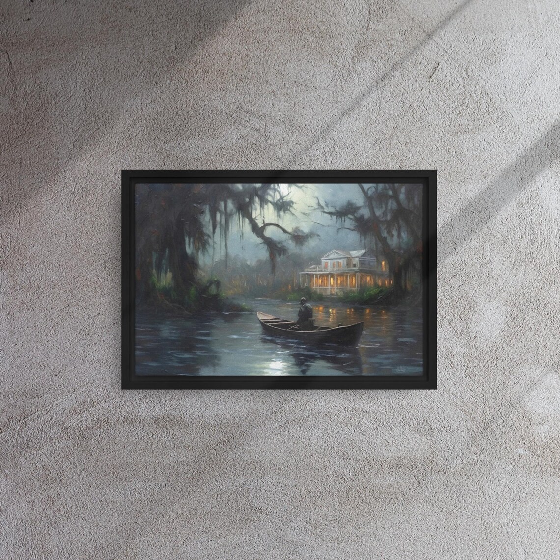 Southern Gothic Haunted Bayou Mansion Moonlit Boatman Night Wall Art Print - Image 3