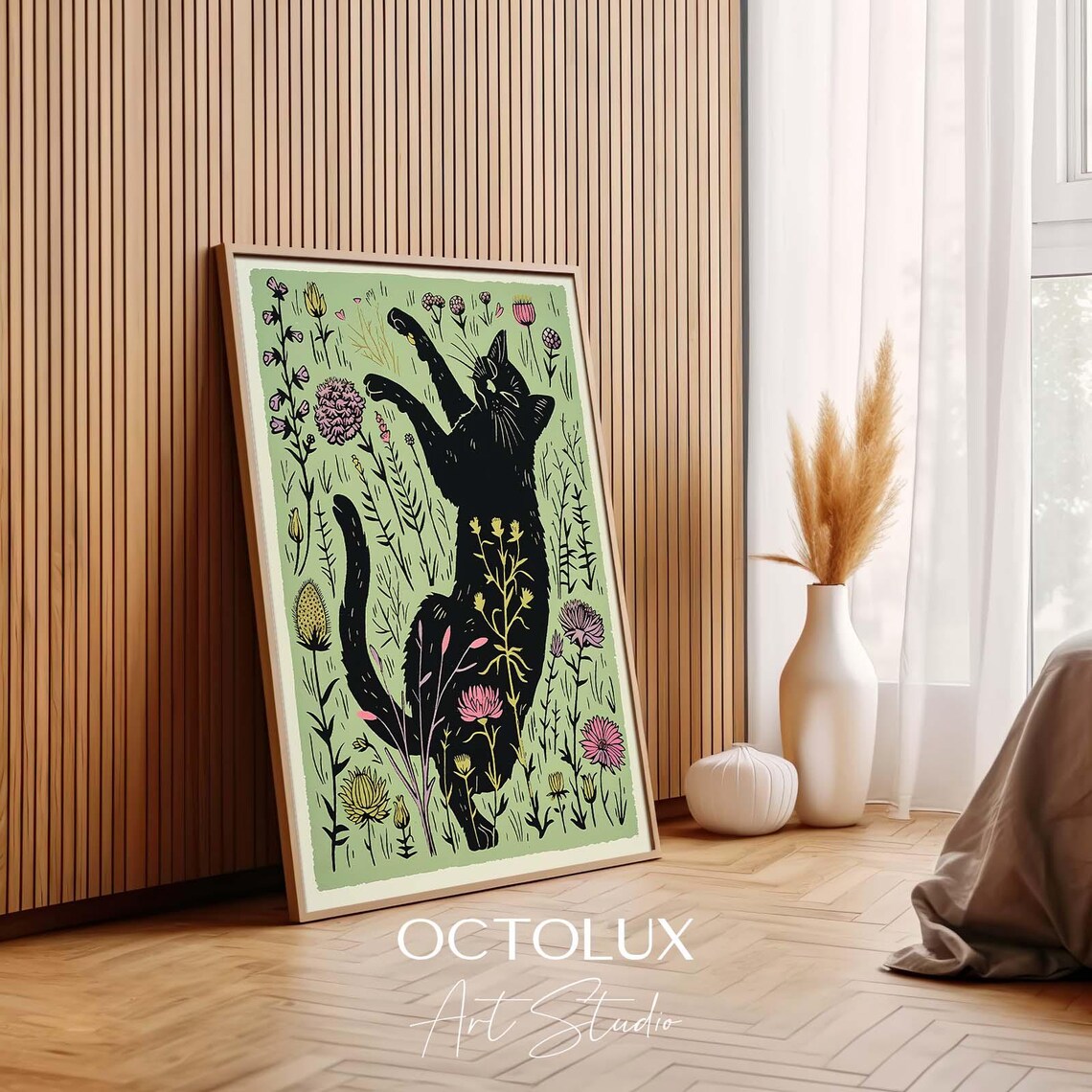 Black Cat Stretching In Wildflower Garden Vintage Botanical Woodcut Art Print - Image 3