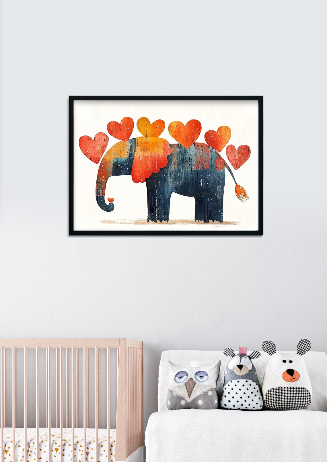 Whimsical Colorful Elephant With Red Hearts Nursery Kids Room Wall Art