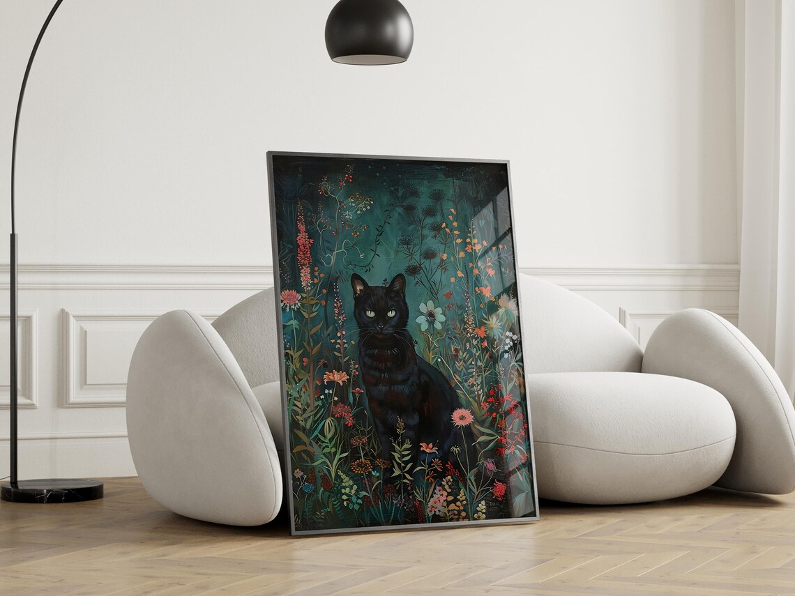 Floral Black Cat Vintage Poster, Gothic Halloween Art - Image 2