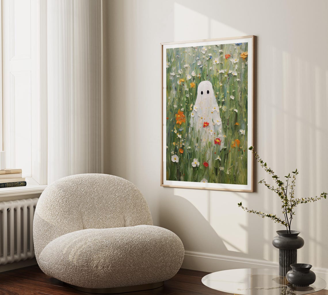 Cute Ghost in a Green Wildflower Meadow with Daisies Wall Poster