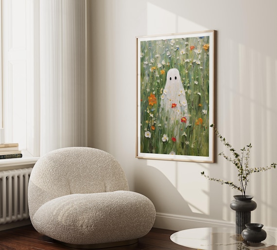 Cute Ghost in a Green Wildflower Meadow with Daisies Wall Poster