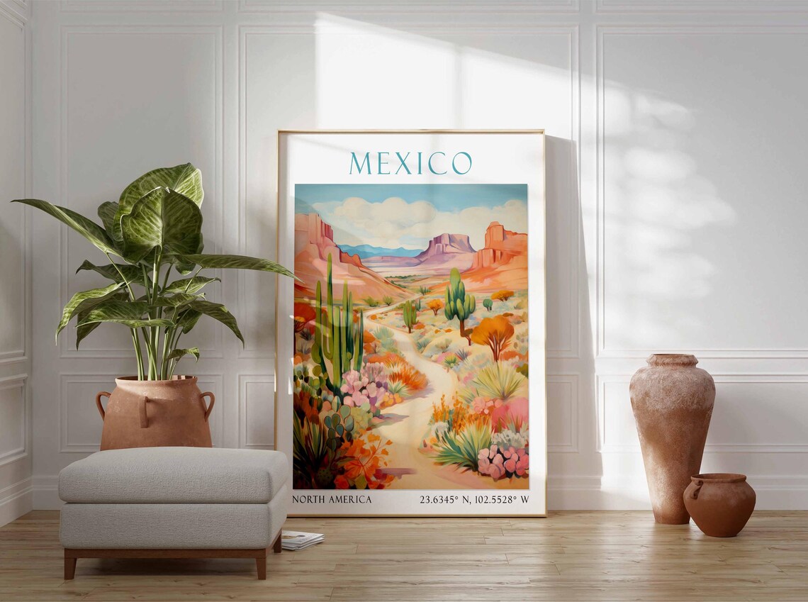Mexico Desert Canyon Cactus Wildflower Watercolor Travel Poster - Image 3