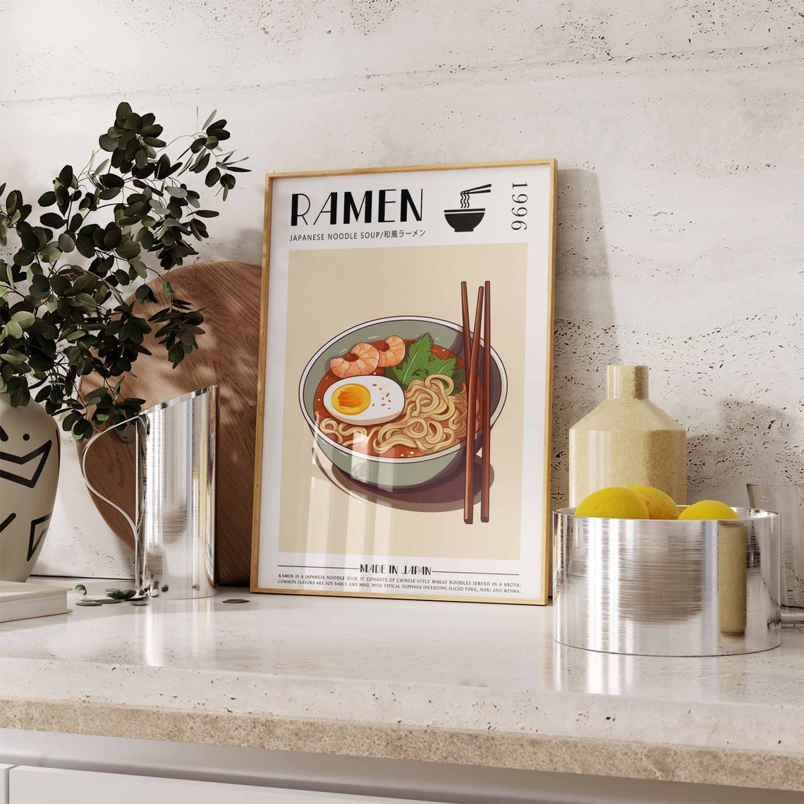 Ramen Noodle Bowl Angled View Chopsticks Food Kitchen Gift Poster - Image 3
