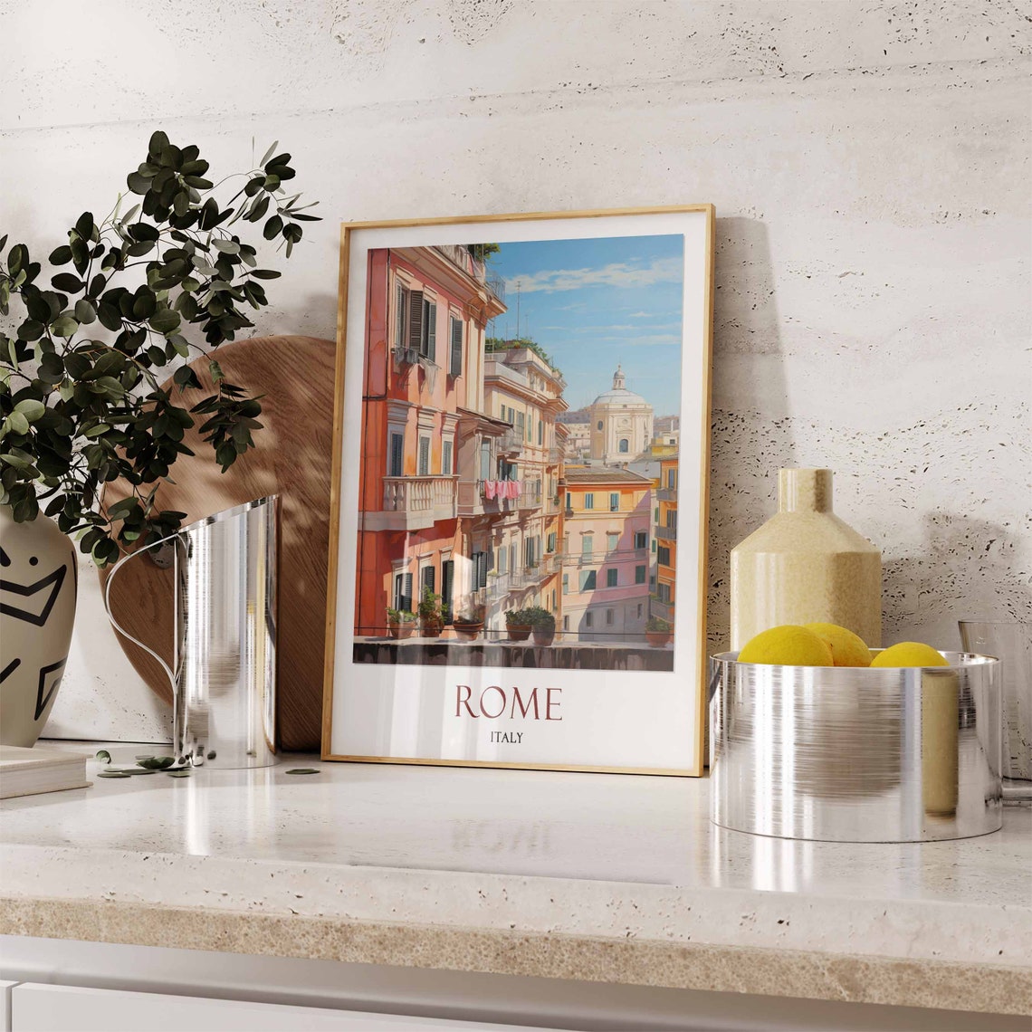 Rome Italy Sunlit Old Town Street Balconies Dome View Poster - Image 3