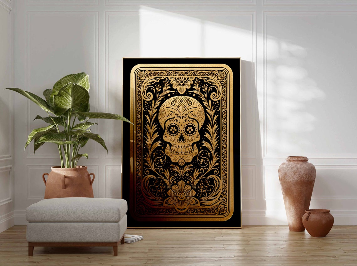 Gold Filigree Sugar Skull Ornate Black Background Elegant Wall Art - Image 3