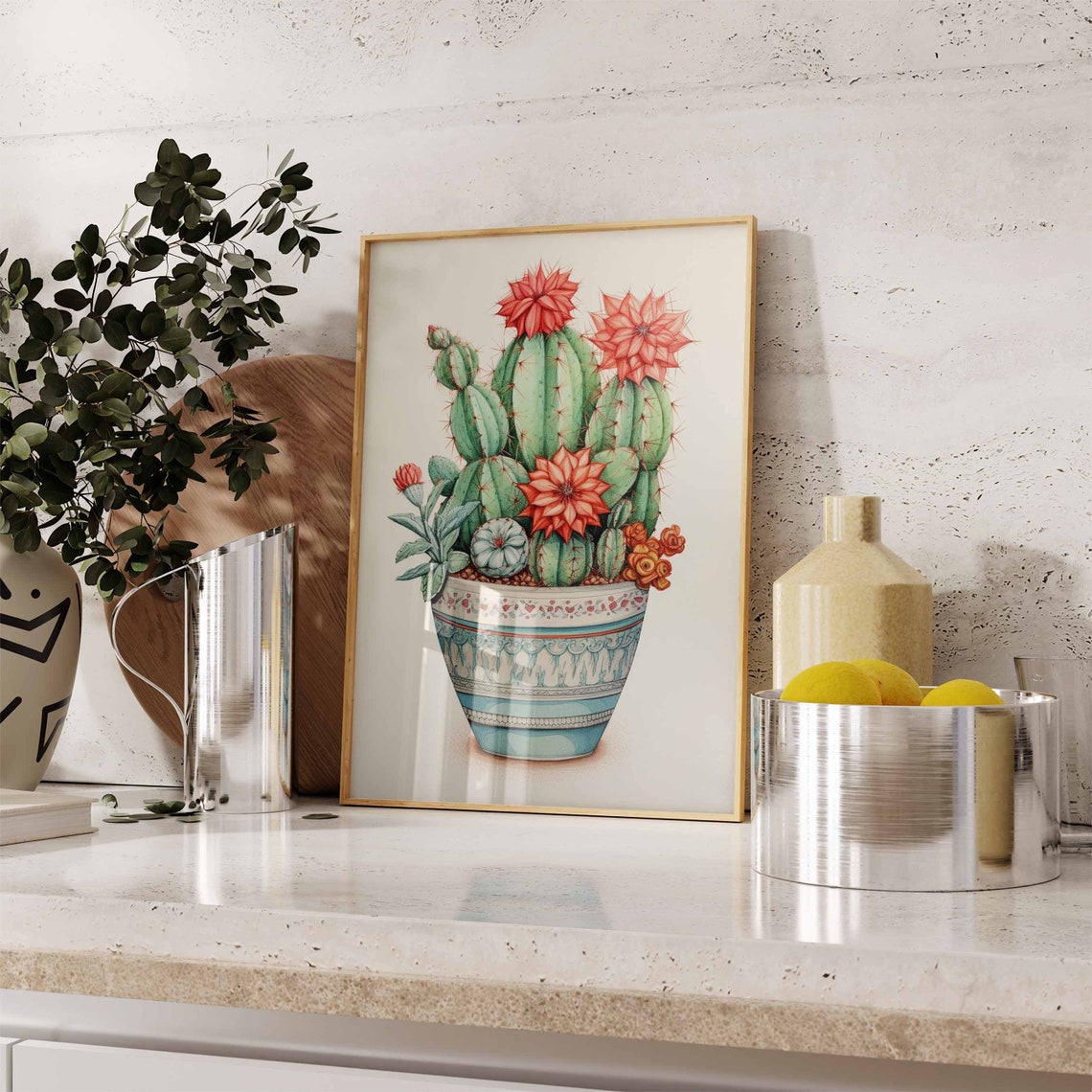 Flowering Cactus in a Decorated Ceramic Pot Botanical Poster - Image 2