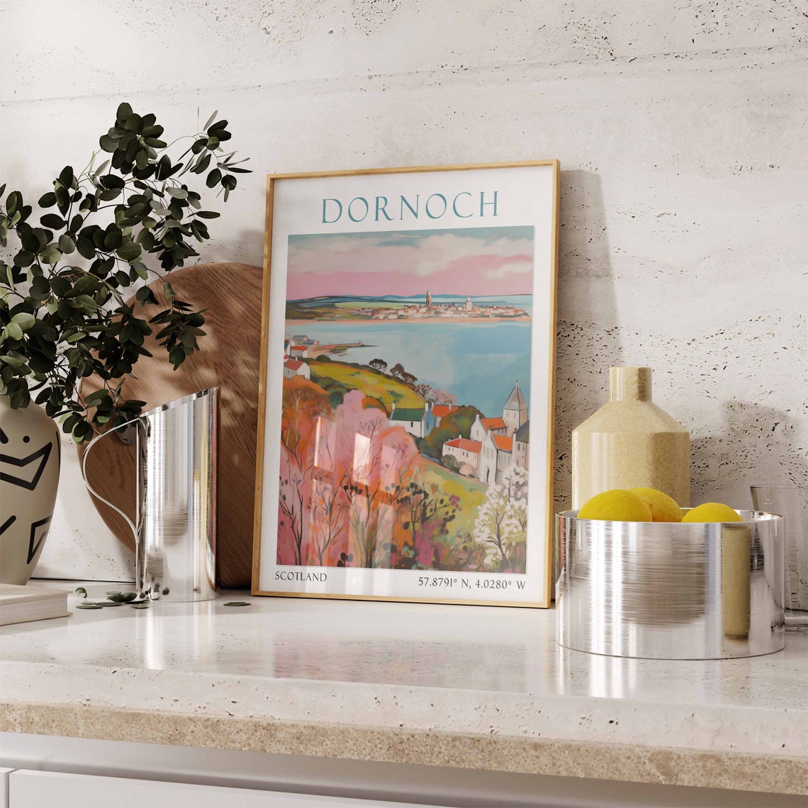 Dornoch Scotland Coastal Town View with Colorful Hillside Poster - Image 3