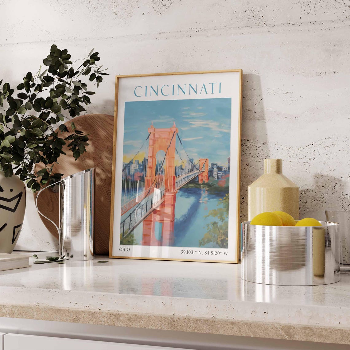 Cincinnati Ohio Historic Suspension Bridge Over the River Poster - Image 3