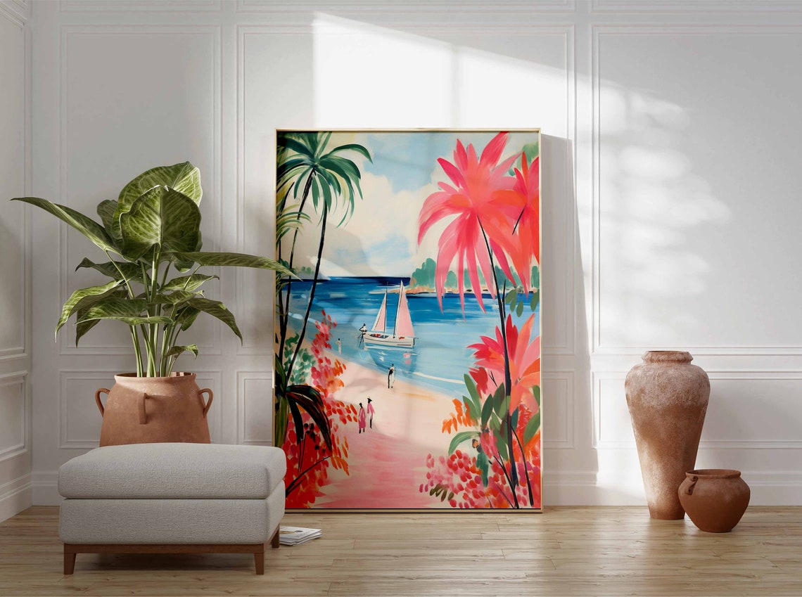 Sailboat with Pink Sails in a Turquoise Bay Watercolor Poster - Image 3