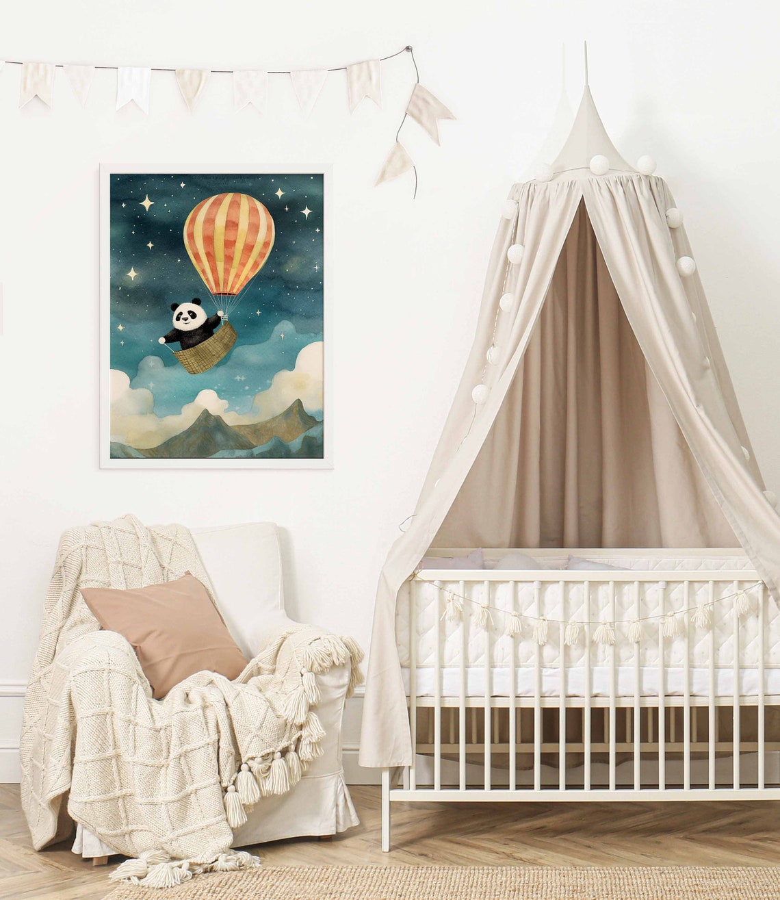 Panda in a Hot Air Balloon at Night Watercolor Nursery Poster - Image 2