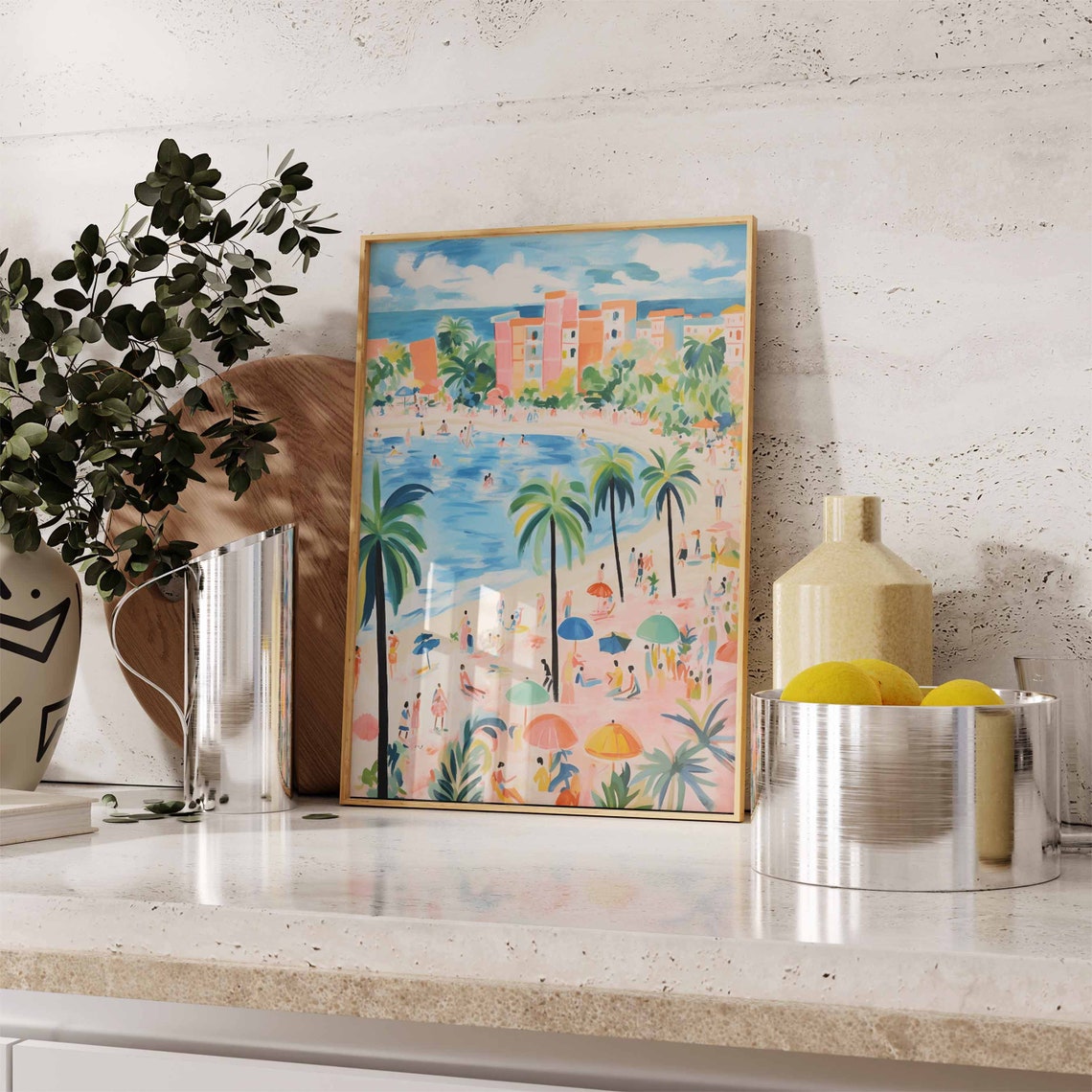 Lively Bay Beach Pastel High Rise Buildings Swimmers Fun Poster - Image 2