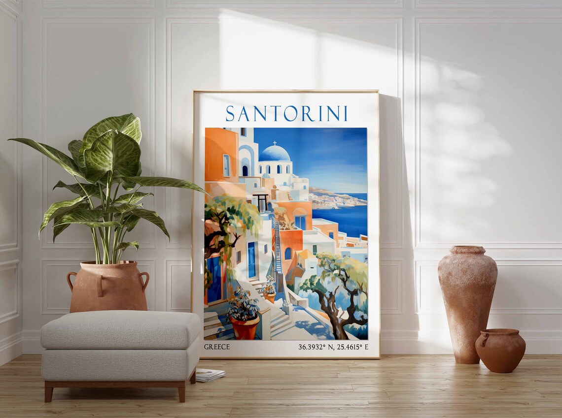 Santorini Blue Dome Church Orange Street Watercolor Travel Poster - Image 2