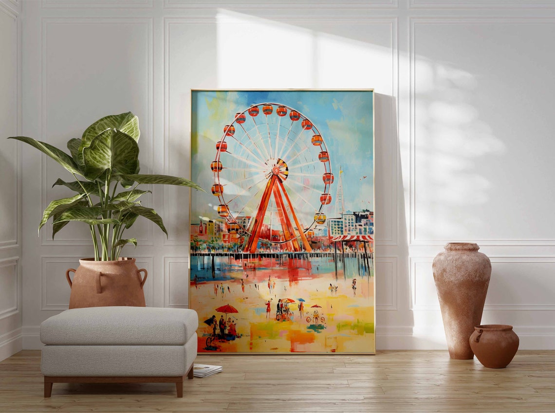 Red Ferris Wheel Pier Beach Impressionist Seaside Day Poster - Image 3