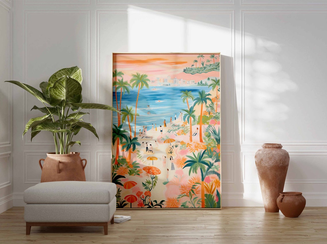 Sunset Palm Beach Parasols Distant City Skyline Evening Poster - Image 3