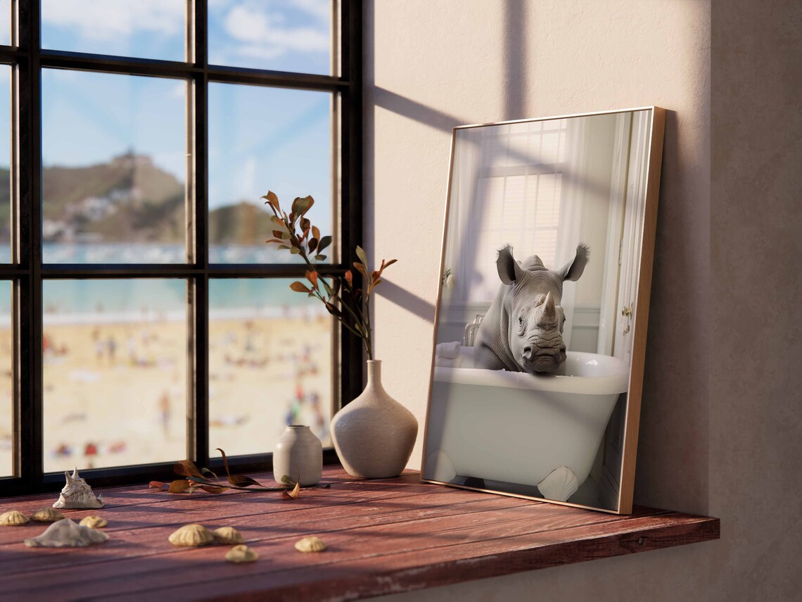 Rhinoceros Relaxing In A Bright Vintage White Clawfoot Tub Poster - Image 2