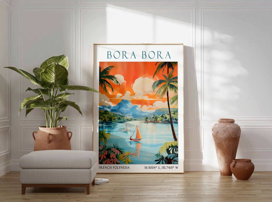 Sunset Sailboats on the Bora Bora Lagoon with Palm Trees Poster - Image 2