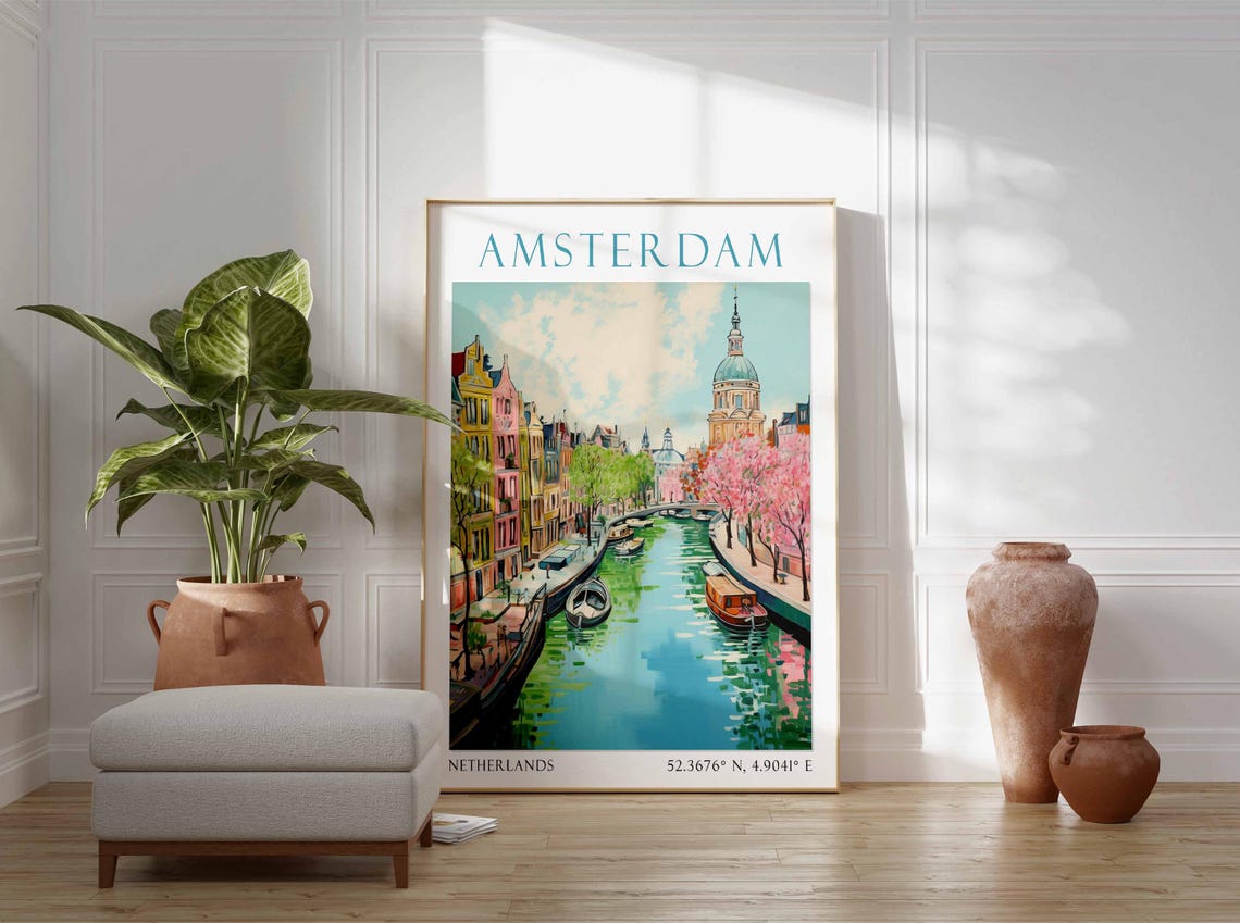 Amsterdam Spring Blossom Canal Scene Vintage Netherlands Travel Poster - Image 3