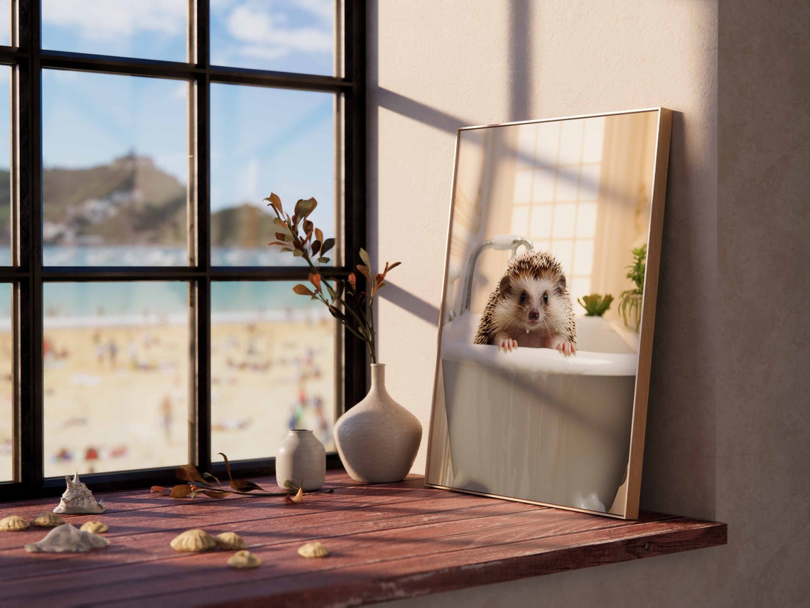 Hedgehog Taking A Bubble Bath In A Vintage Tub Close Up Poster - Image 2