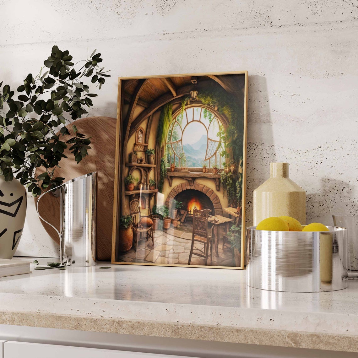 Hobbit Hole Fireplace Interior Poster With Mountain View Scene - Image 2