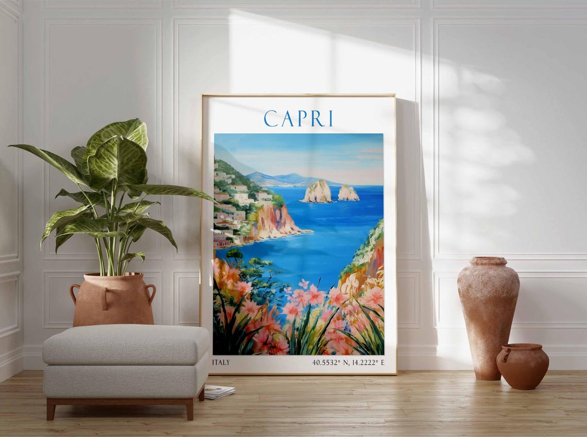 Capri Italy Faraglioni Rocks Blue Mediterranean Sea Flowers Poster - Image 3