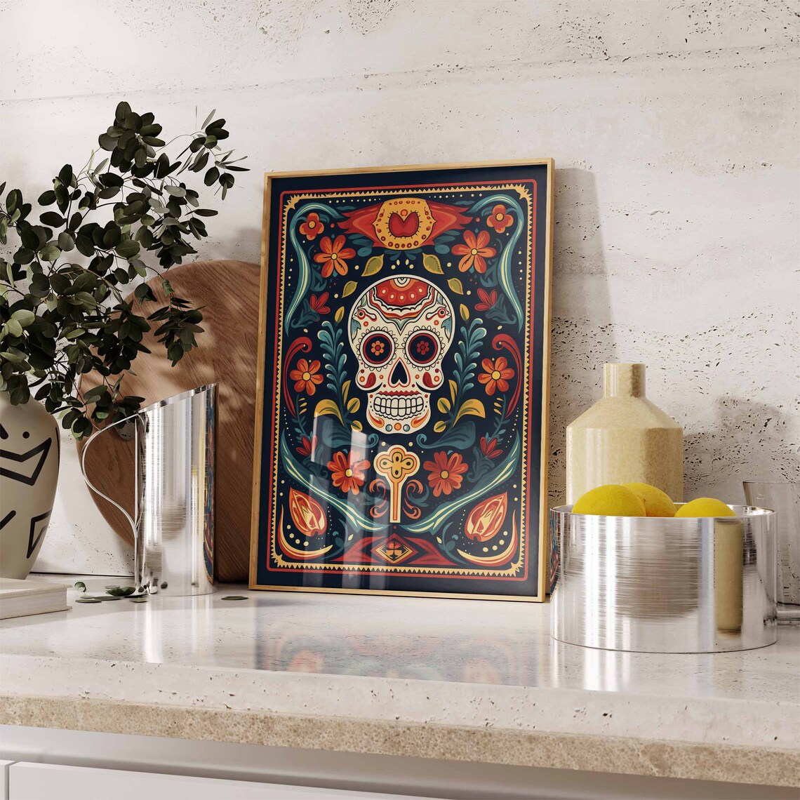 Day of Dead Folk Art Framed Floral Sugar Skull Teal Orange Dark Poster - Image 2