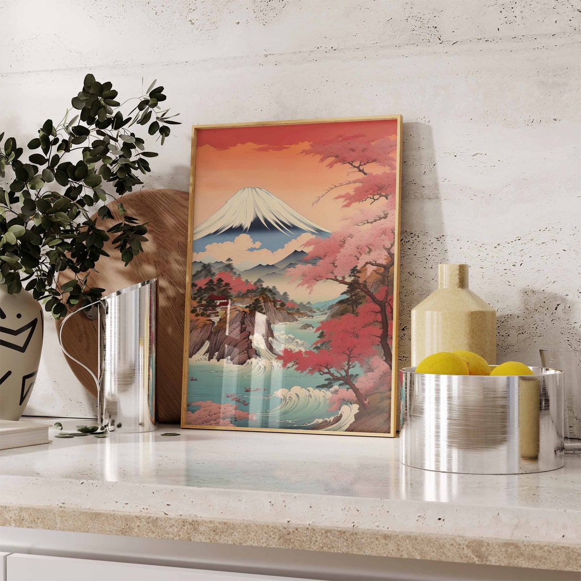 Mount Fuji Sunset Waterfall Orange Sky Japanese Scenic Print - Image 3