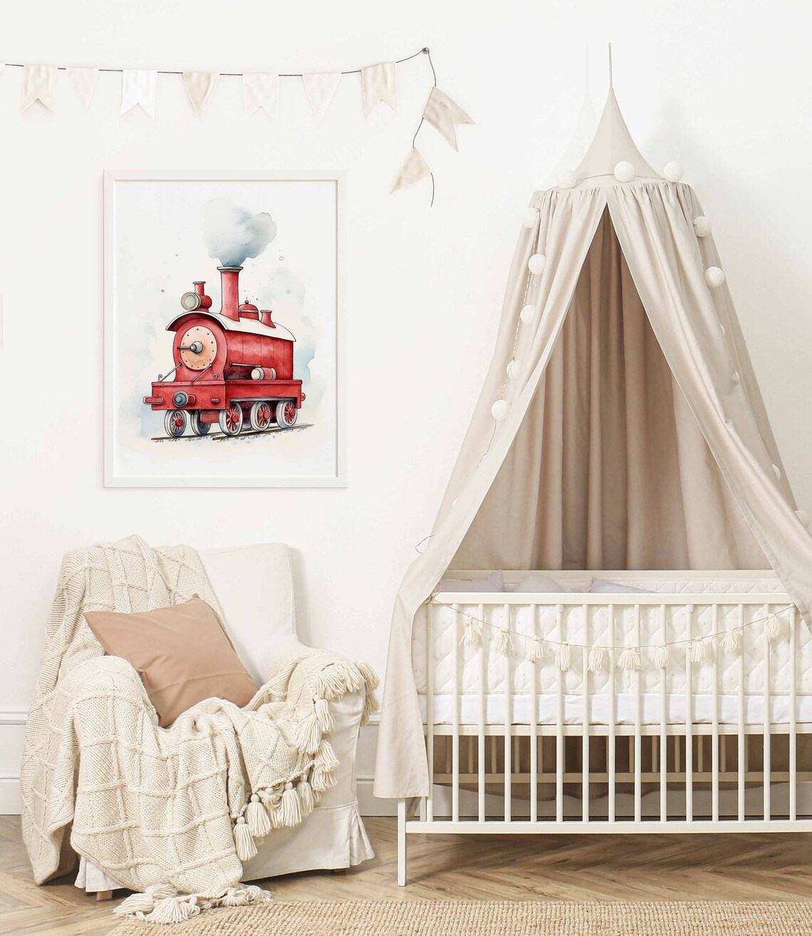 Small Red Toy Steam Locomotive Watercolor Poster for Kids Room - Image 2