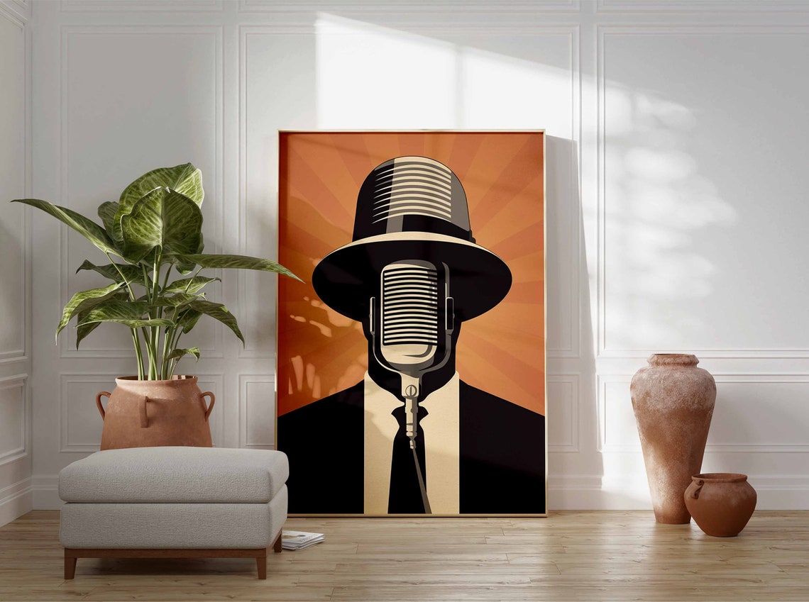 Vintage Microphone Man Fedora Jazz Retro Music Room Gift Poster - Image 2