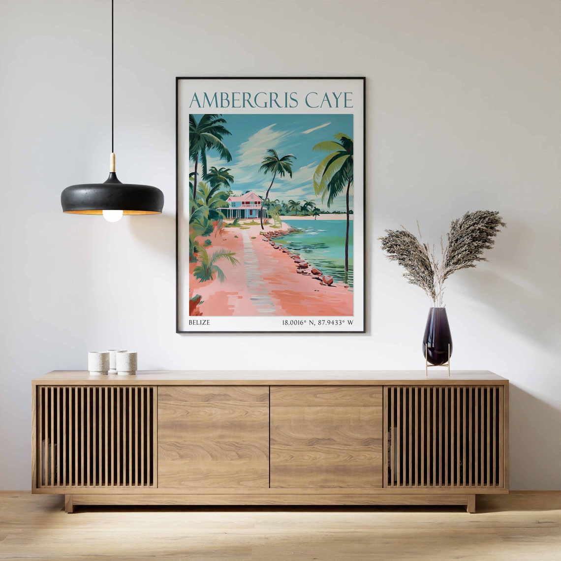 Ambergris Caye Belize Travel Poster Pink Beach Palms View Art - Image 2