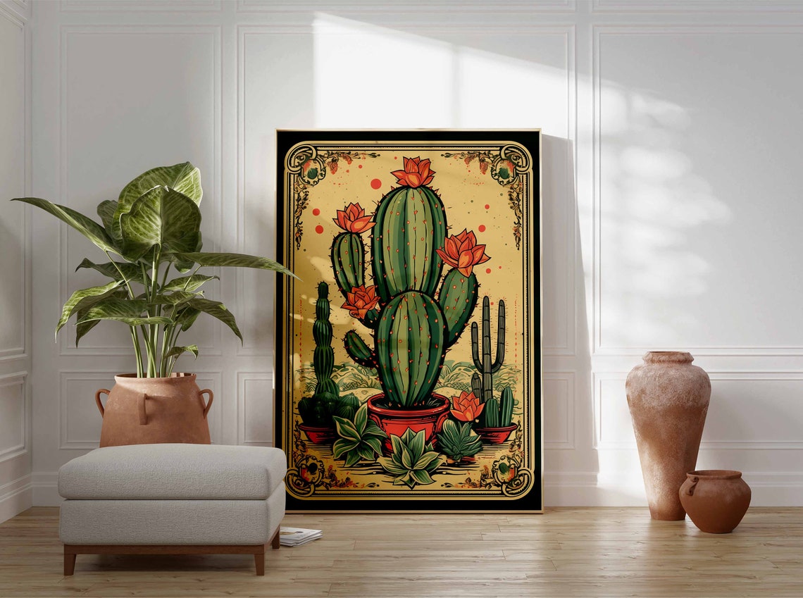 Rustic Blooming Prickly Pear Cactus Ornate Border Mexican Wall Art - Image 3