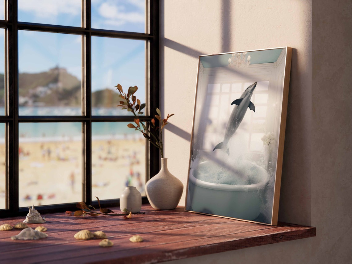 Dolphin Leaping From A Splashing Bathtub In A Dream Bathroom Poster - Image 2